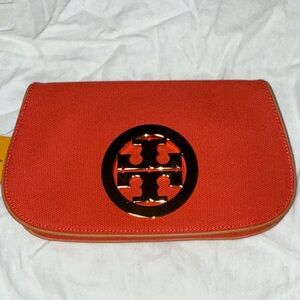 Tory Burch Orange Canvas Logo Clutch Bag